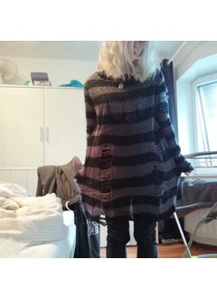 Generic Mohair new European and American Foreign trade loose striped sweater Women's Mid-length pullover ripped thin wool sweater  - Image 3