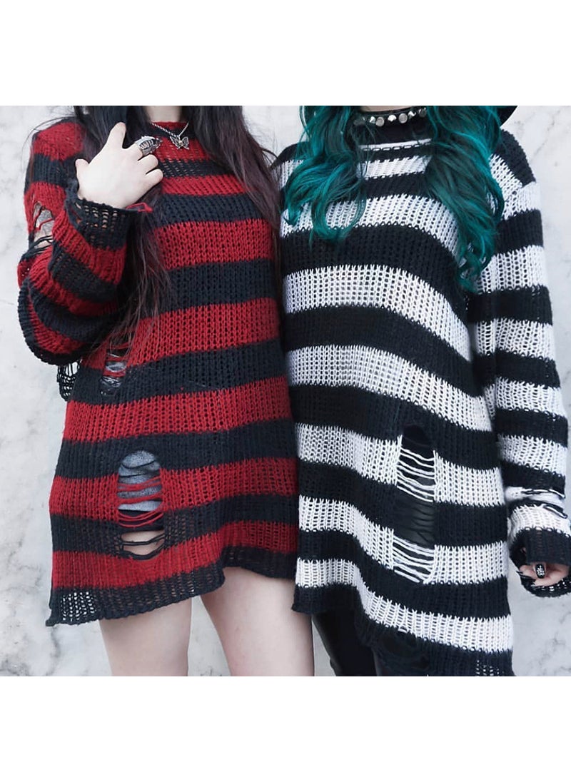 Generic Mohair new European and American Foreign trade loose striped sweater Women's Mid-length pullover ripped thin wool sweater  - Image 4
