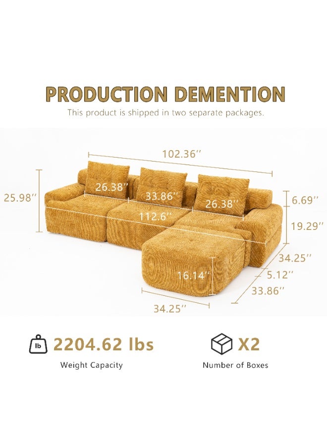 Chogori 102" Modular Cloud Sectional Sofa - Yellow Corduroy L-Shaped Couch with Chaise, No Assembly Required - Image 4