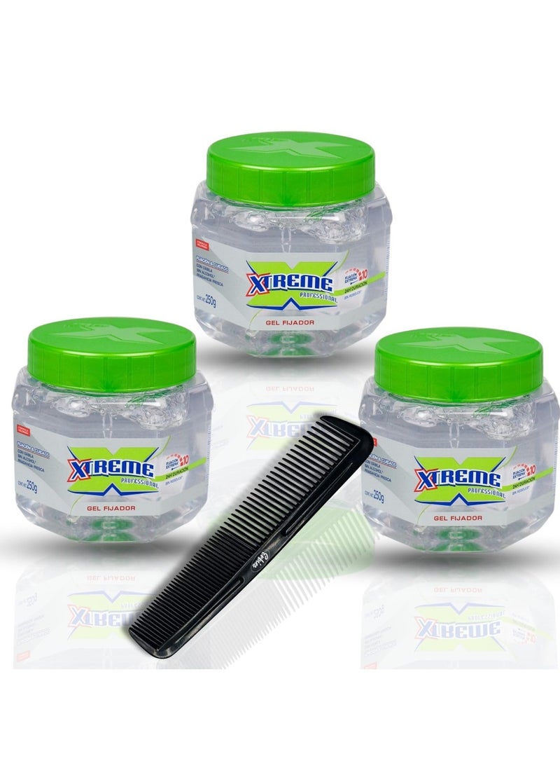 XTREME Xtreme Hair Gel Clear 8.8oz Pack of 3 with Comb - Extreme Hold Wetline Xtreme Styling Gel for Hair, Premium Clear Gel Tub  - Image 1