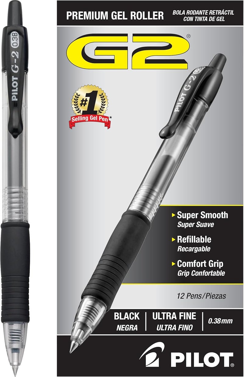 PILOT , G2 Premium Gel Roller Pens, Ultra Fine Point Gel Pens 0.38 mm, Pack of 12, Black - Image 1