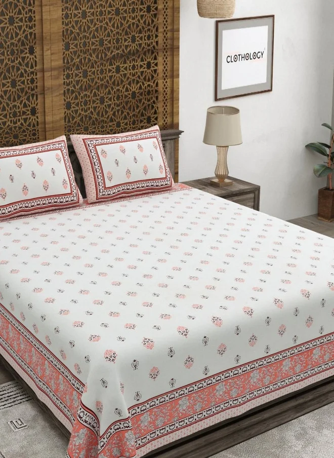 CLOTHOLOGY CLOTHOLOGY Orange & White Floral 180 TC Cotton King Bedsheet with 2 Pillow Covers