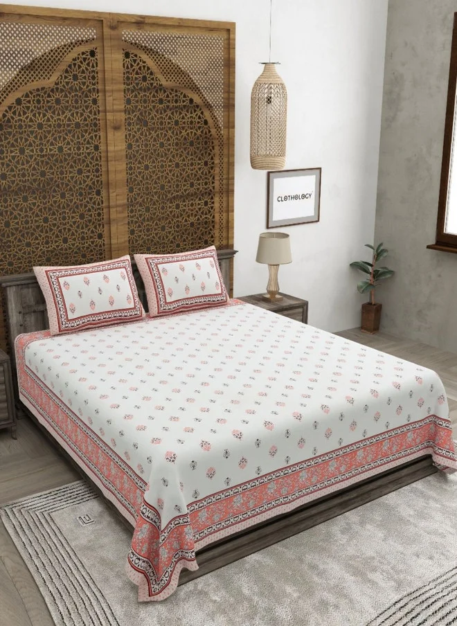 CLOTHOLOGY CLOTHOLOGY Orange & White Floral 180 TC Cotton King Bedsheet with 2 Pillow Covers