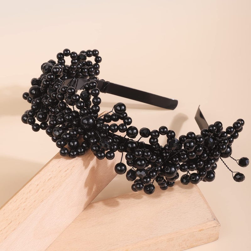 BERYUAN Hairband Black Pearls Headband Pearls Crystal Rhinestone Wedding Hair Piece for Bridal Women and Girls