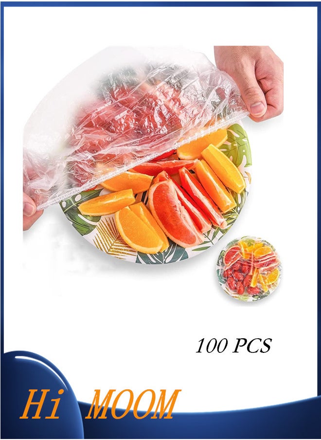 Hi Moon 100 Pieces Fresh Keeping Bags, Elastic Food Storage Covers, Stretchable Sealing PE Bowl Covers with Elastic Edging, for Kitchen, Family Outdoor Picnic (Transparent)  - Image 1