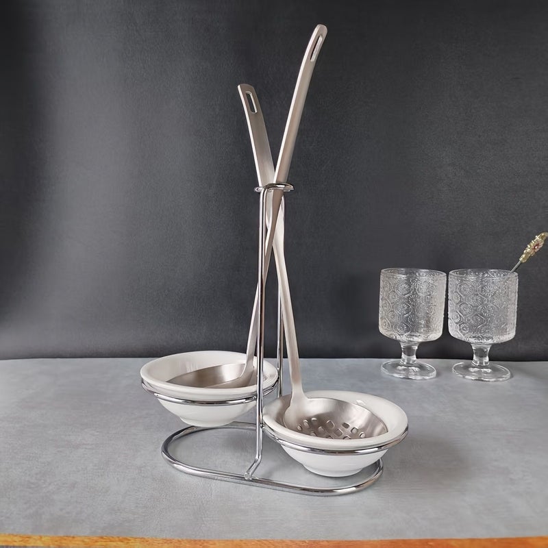 Stainless Steel Kitchen Storage Rack With 2 Ceramic Square Bowls - Image 3