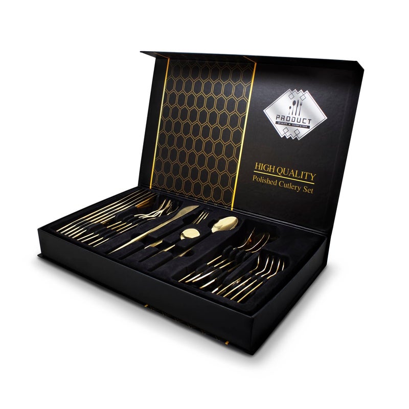 ANDROMEDA INC. Silverware Set, 24-Piece Stainless Steel Flatware Set with Premium Gift Box Including Knife/Fork/Spoon/Teaspoon, Service for 6, Mirror Finish, Smooth Edges (Gold) - Image 1