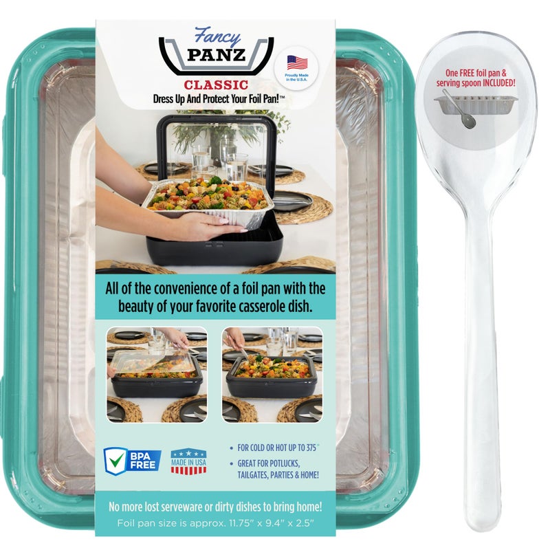 Fancy Panz غطاء Fancy Panz 2 في 1 لتزيين وحماية صينية القصدير، صنع في الولايات المتحدة الأمريكية، يناسب مقاسين من صواني القصدير. صينية قصدير وملعقة تقديم مرفقة. مناسب للأطعمة الساخنة والباردة. قابل للتكديس لسهولة الحمل. خالٍ من مادة BPA (كلاسيكي، أزرق مخضر). - Image 1