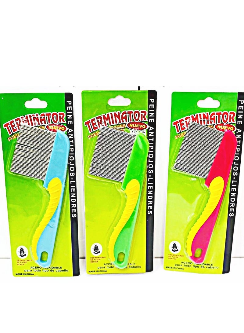 STAR BEJA Terminator Anti-Lice Comb, Detachable, Stainless Steel Teeth Multicolor 3 Pcs Large Size - Image 1
