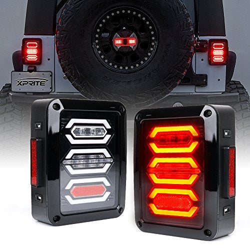 Xprite Clear Lens Red LED Tail Lights Assembly w/Turn Signal & Back Up & Brake Light, Plug & Play Compatible with 2007-2018 Jeep Wrangler JK JKU - G3 Diamond Series - Image 1