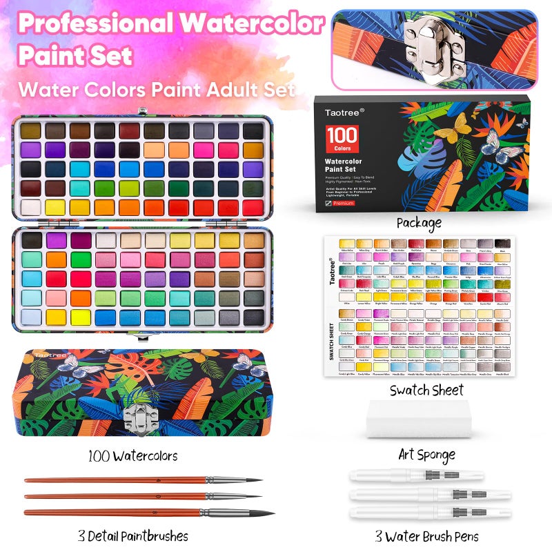 Taotree Watercolor Paint Set 100 Colors, Art Supplies Watercolors Kit Travel Water Colors with 3 Paints Brushes, Crafts Painting Supplies, Drawing for Adults Artist Drawing, Painting - Image 3