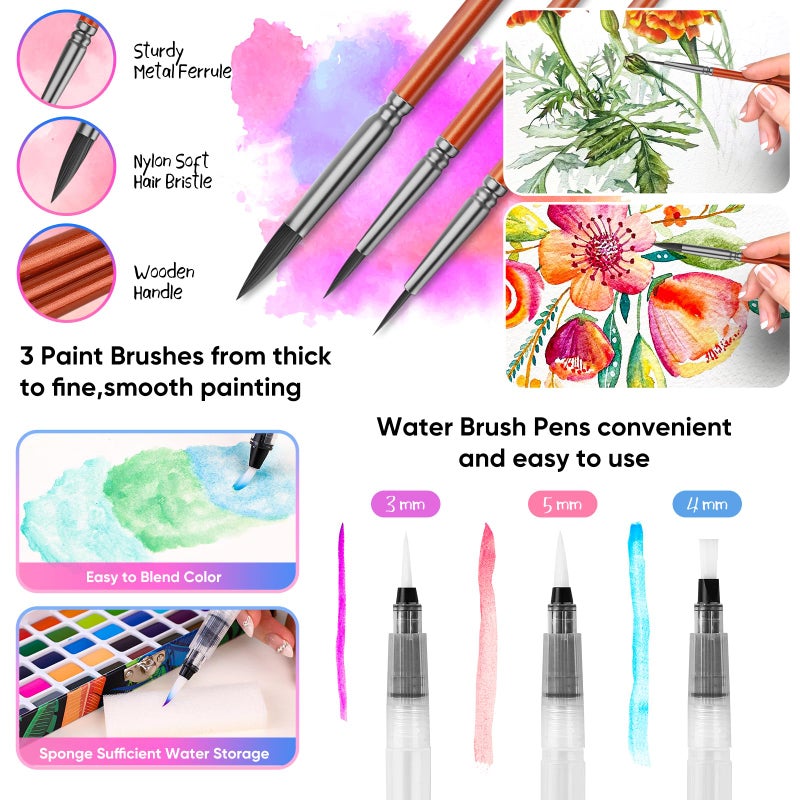 Taotree Watercolor Paint Set 100 Colors, Art Supplies Watercolors Kit Travel Water Colors with 3 Paints Brushes, Crafts Painting Supplies, Drawing for Adults Artist Drawing, Painting - Image 4
