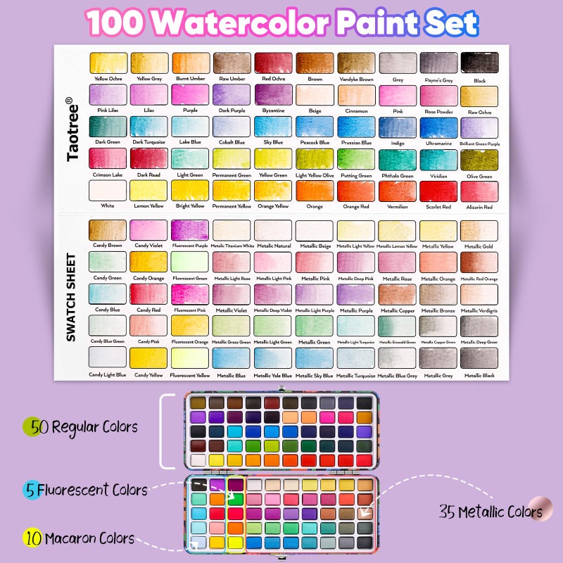 Taotree Watercolor Paint Set 100 Colors, Art Supplies Watercolors Kit Travel Water Colors with 3 Paints Brushes, Crafts Painting Supplies, Drawing for Adults Artist Drawing, Painting - Image 2