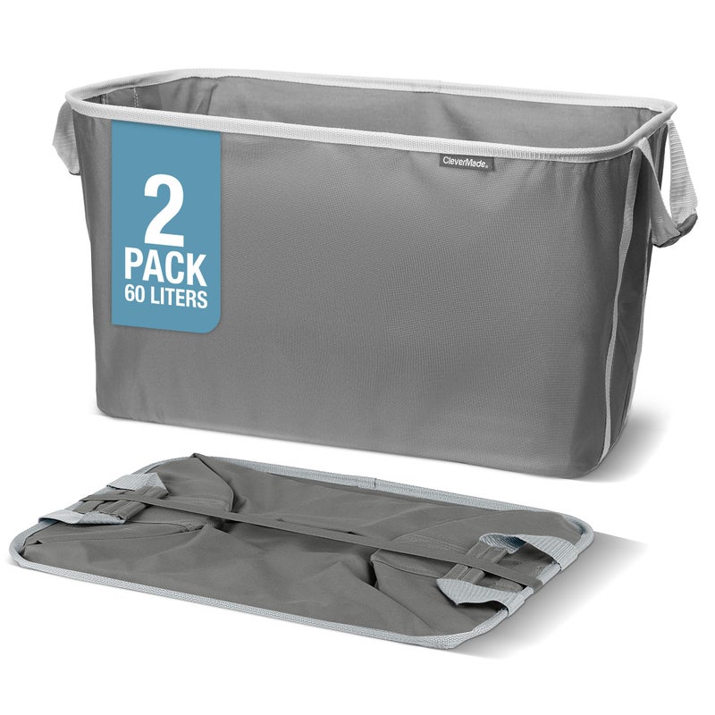 CleverMade Collapsible Laundry Basket 2 Pack â€“ 60L (16 Gal) Foldable Clothes Hamper with Reinforced Handles, Space Saving Fabric Laundry Bin, Holds 55 lbs, Flat Folding for Dorm, Apartment & RV - Charcoal - Image 1