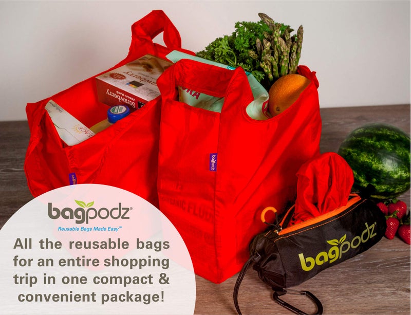 bagpodz Sturdy Reusable Grocery Bags Foldable and Washable - Made From RipStop Nylon Hold 50lbs - Designed in USA Reusable Shopping Bags Inside a Compact Pod with Carry Clip - 10 Pack in Red - Image 4