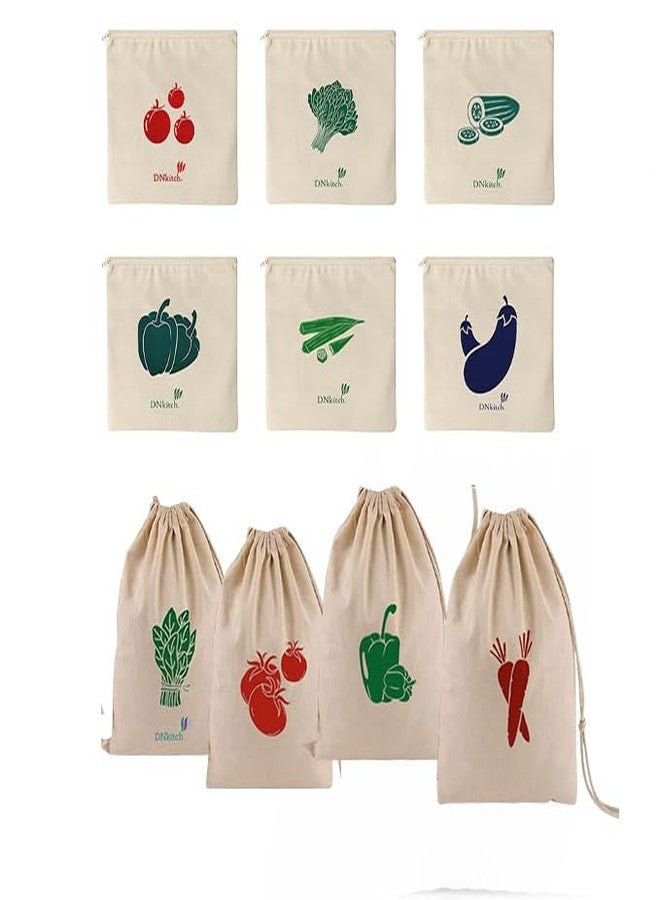 DNkitch 100% Cotton Storage Bags 6 zipper and 3 dori Eco-Friendly Grocery Reusable Bags for Fridge Washable, Breathable & Durable Produce Bags for Veg & Fruits Storage Bags(Set of 10) - Image 1