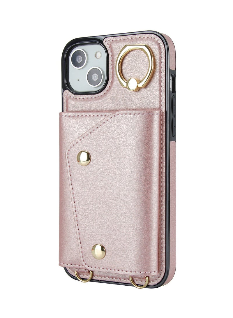 GULFLINK PU Leather Back Cover Phone Case with Purse and Straps for Apple iPhone 15 Plus Rose gold - Image 1
