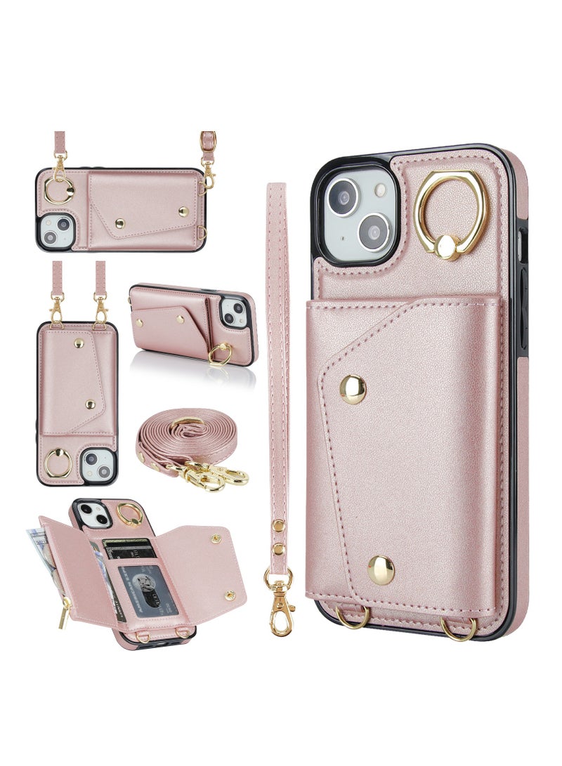 GULFLINK PU Leather Back Cover Phone Case with Purse and Straps for Apple iPhone 15 Plus Rose gold - Image 5