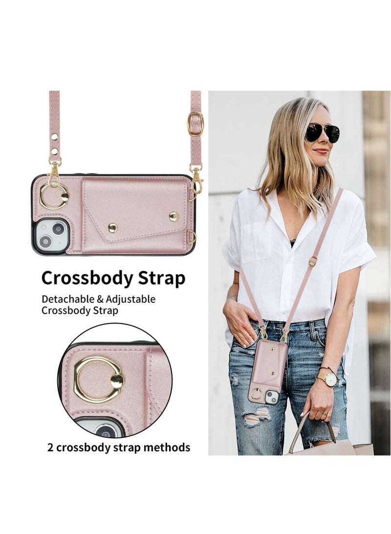 GULFLINK PU Leather Back Cover Phone Case with Purse and Straps for Apple iPhone 15 Plus Rose gold - Image 4