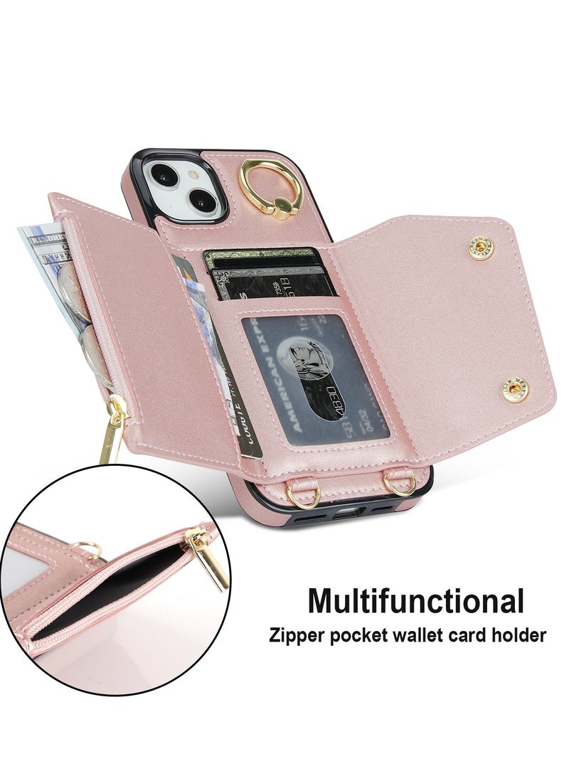 GULFLINK PU Leather Back Cover Phone Case with Purse and Straps for Apple iPhone 15 Plus Rose gold - Image 2