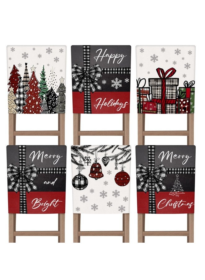 Shellwei 6 Pcs Christmas Chair Covers 18.1 x 21.7 Inches Christmas Trees Snowflake Gift Box Print Decorative Merry Christmas Seat Covers Dining Slipcovers for Xmas Party Kitchen Wedding Party Decor - Image 1