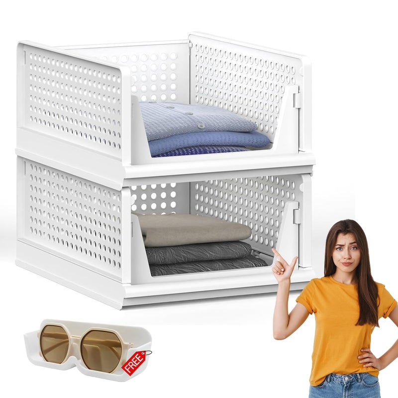 RUSHIL WERE Clothes Organiser for Wardrobe 1 Free Wall Eyeglasses Holder Space Organizer Foldable Shirt Storage Stackable Organizer Closet Organizer Durable Plastic White Pack of 2 - Image 1
