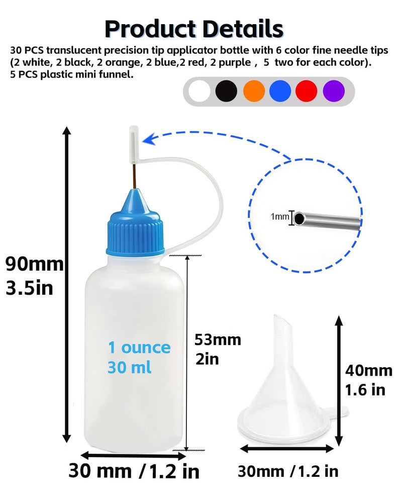 LJY Precision Applicator Bottle Set 1 Oz. - 30 Needle Tip Squeeze Bottles and 5pcs Mini Funnels for Acrylic Painting, DIY Quilling and Paper Craft - Image 2