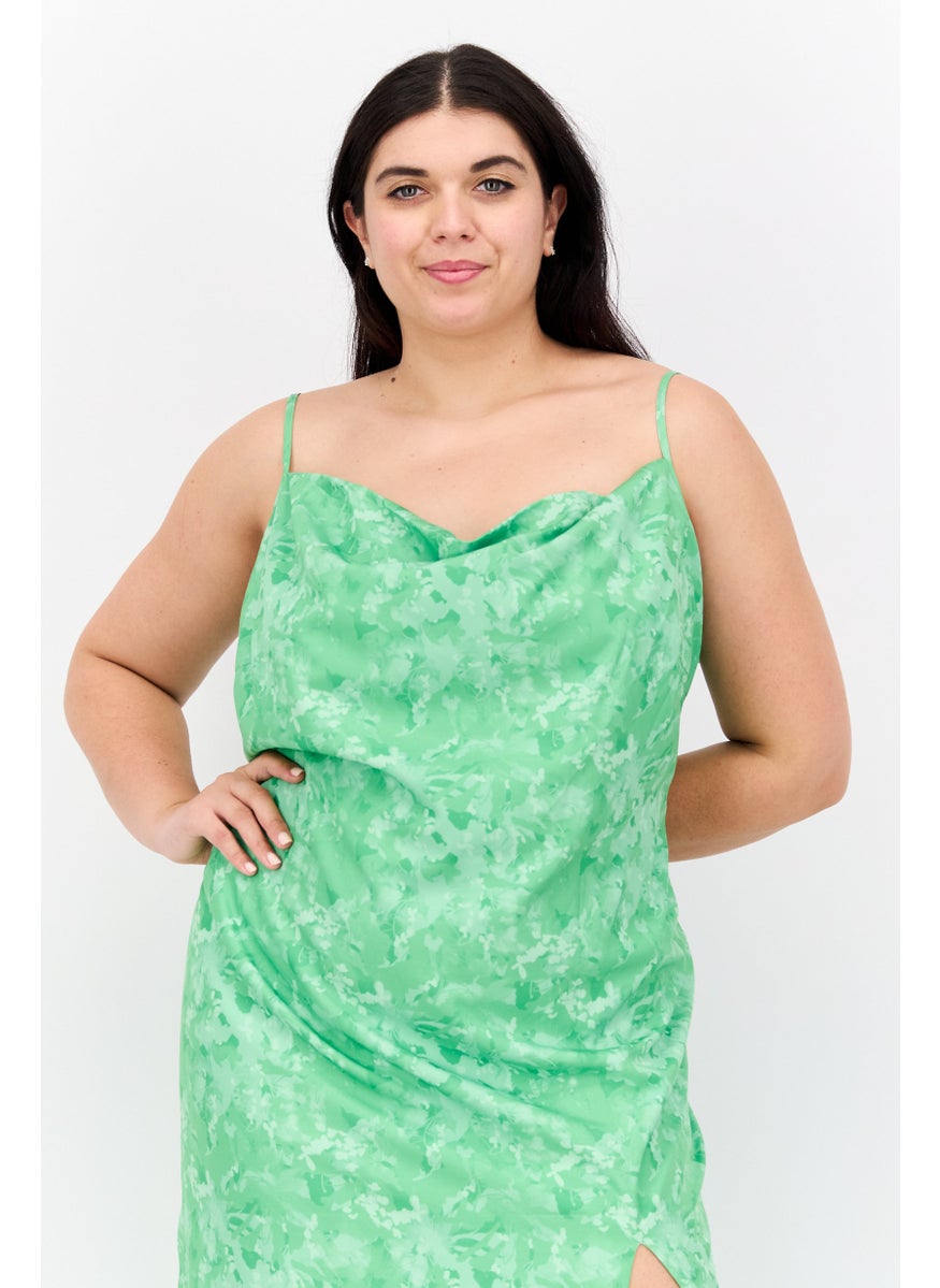 PRETTY LAVISH - Women Curve Floral Print Midi Dress, Green - Image 1
