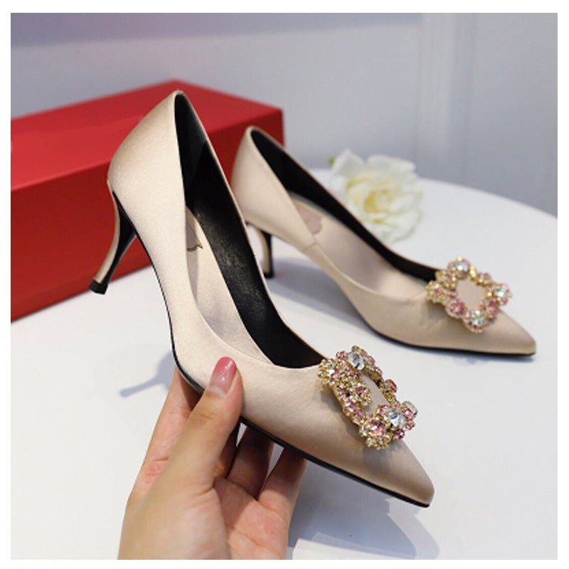 2025 Wedding Banquet Pointed Stiletto Heel High Heels Satin Red Bridal Wedding Shoes Pointed Shoes Size 7Cm - Image 1