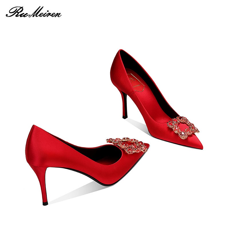 2025 Wedding Banquet Pointed Stiletto Heel High Heels Satin Red Bridal Wedding Shoes Pointed Shoes Size 7Cm - Image 5