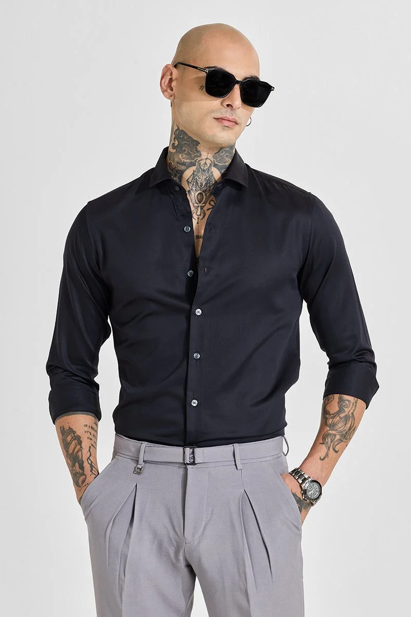 SNITCH Black Solid Long Sleeve Slim Fit Shirt