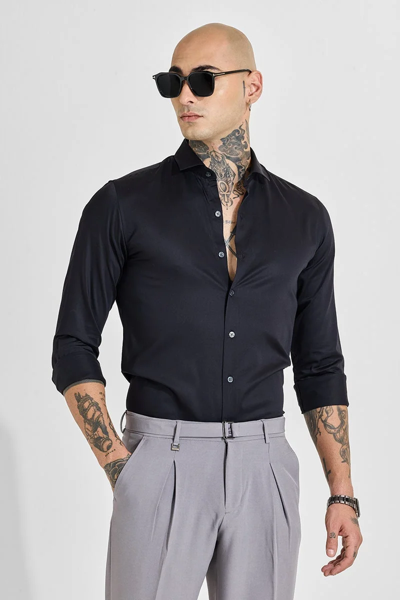 SNITCH Black Solid Long Sleeve Slim Fit Shirt