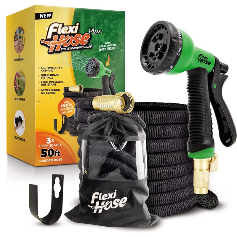 Flexi Hose Plus Expandable Garden Hose with 8 Function Nozzle, 50FT - Lightweight Retractable Garden Hose, Water Hose - No-Kink Flexibility, 3/4 Inch Solid Brass Fittings Includes Hook & Bag - Image 1