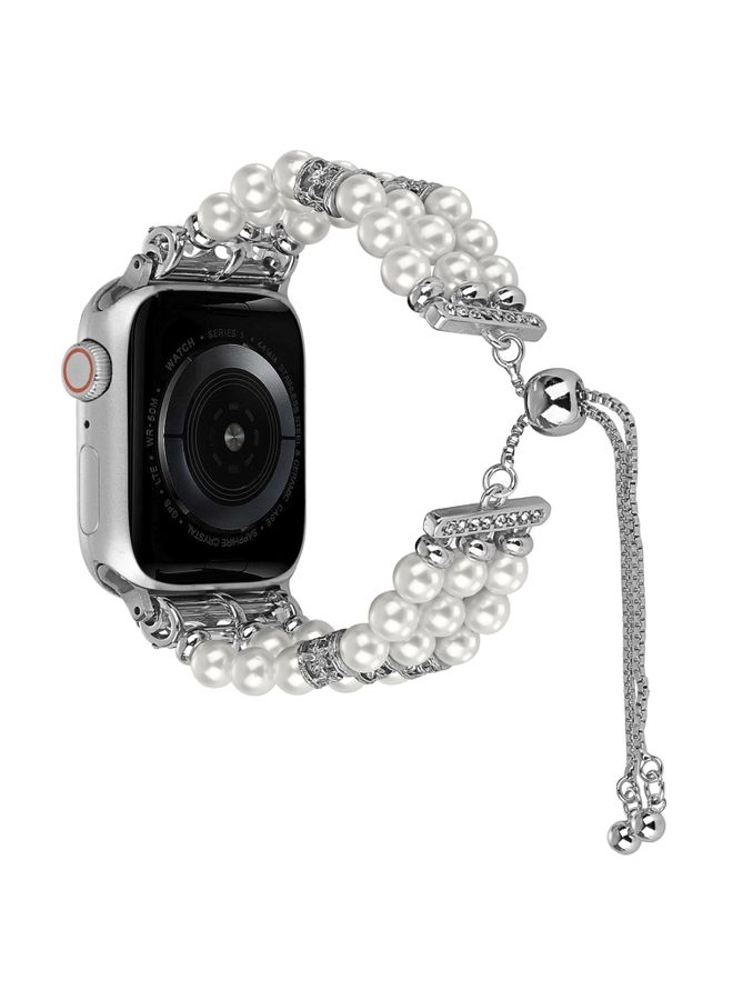 Replacement Strap For Apple Watch SE 44mm Beaded Pearl Retractable Chain Watch Band White