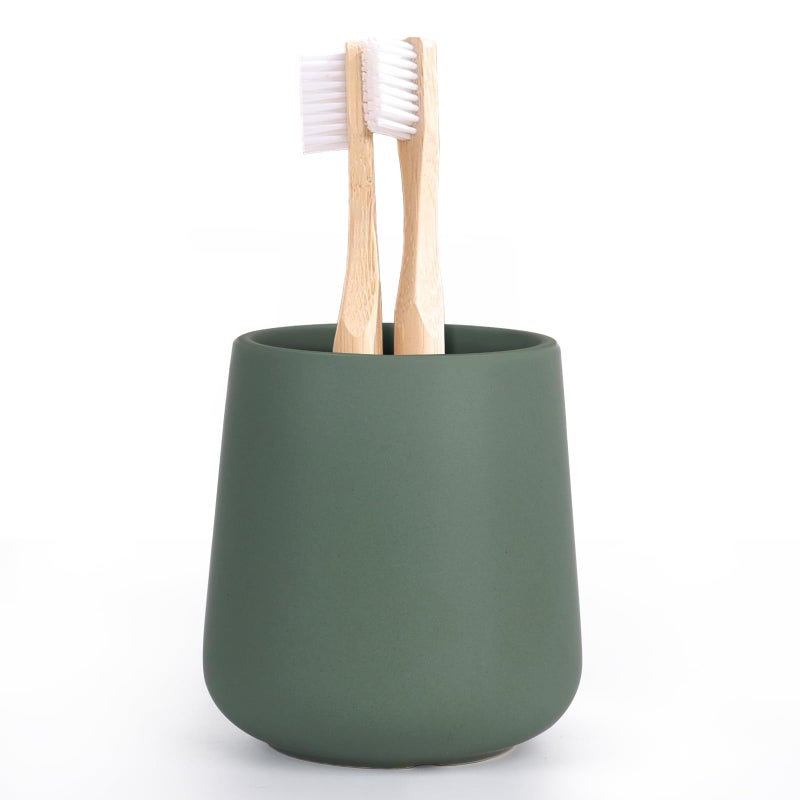 INGOFIN Ceramic Toothbrush Holder 12 oz Bathroom Toothbrush Holder Ceramic Holder for Toothbrush Toothpaste Holder and Cup Matte Green