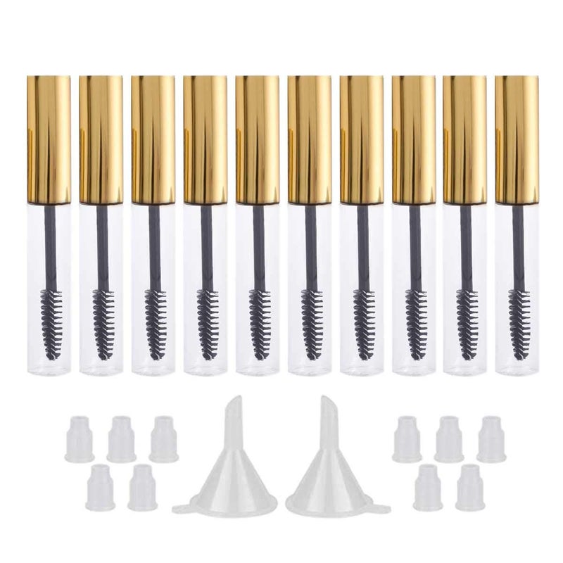 GTHER 10PCS 10ML Empty Mascara Tubes Bottles with Wand Rubber Inserts Funnels Set for Castor OilEyelash Growth Oil DIY Mascara Eyelash Cream Container with Cap Gold