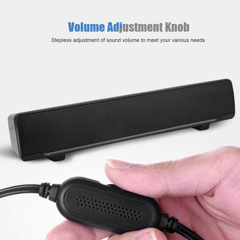 مكبر صوت ساوند بار للكمبيوتر، مكبر صوت سلكي USB للكمبيوتر مع منفذ AUX 3.5 ملم، مكبر صوت ستيريو محمول مع مضخم صوت فرعي للتلفزيون والكمبيوتر المحمول والهواتف المحمولة والأجهزة اللوحية (أسود) - Image 4