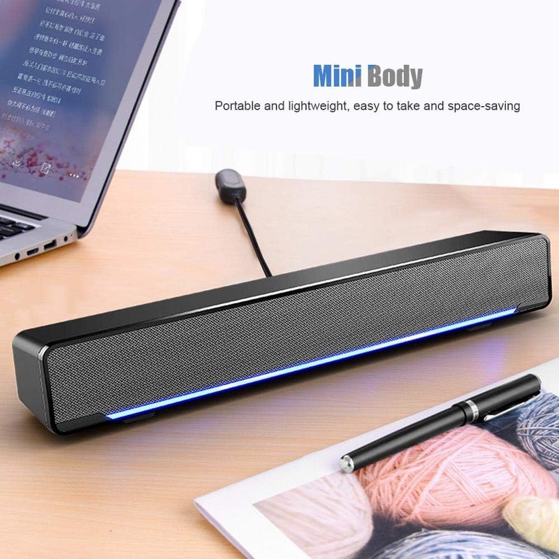 مكبر صوت ساوند بار للكمبيوتر، مكبر صوت سلكي USB للكمبيوتر مع منفذ AUX 3.5 ملم، مكبر صوت ستيريو محمول مع مضخم صوت فرعي للتلفزيون والكمبيوتر المحمول والهواتف المحمولة والأجهزة اللوحية (أسود) - Image 2