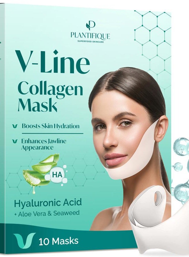 Plantifique V-Line Collagen Mask for face 10 PCS | Chin Strap for Women & Men | V Line Lifting Mask with Collagen and Hyaluronic Acid V Shape Face Tape Chin | Skin Firming - Image 1