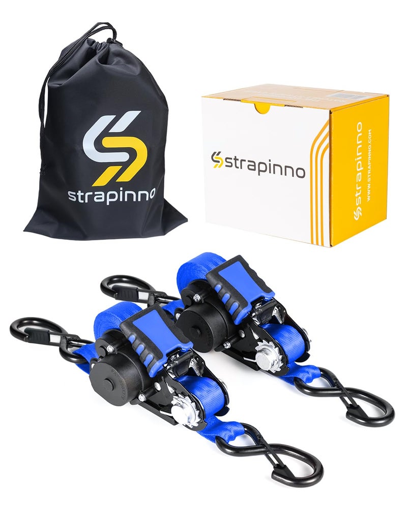 Strapinno Retractable Ratchet Straps 1 in x 12 ft Heavy Duty Tie Downs 1800lbs Breaking Strength Each S Hooks with Safety Clip AutoRetract for Moving Motorcycle Boat Kayak and Cargo 2PCS