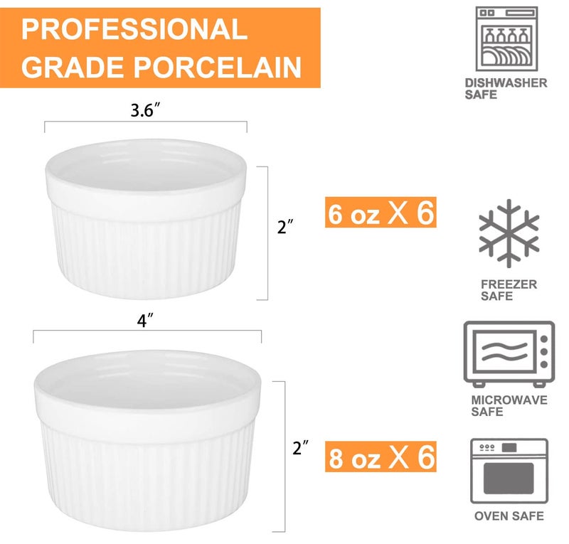 DeeCoo 12 Pack Porcelain Souffle Dish Ramekins Baking Cups – 6 oz x 6, 8 oz x 6 -Oven Safe White Ramekins Bakeware Set for Pudding, Creme Brulee, Custard Cups and Souffle Small instant table tray - Image 2