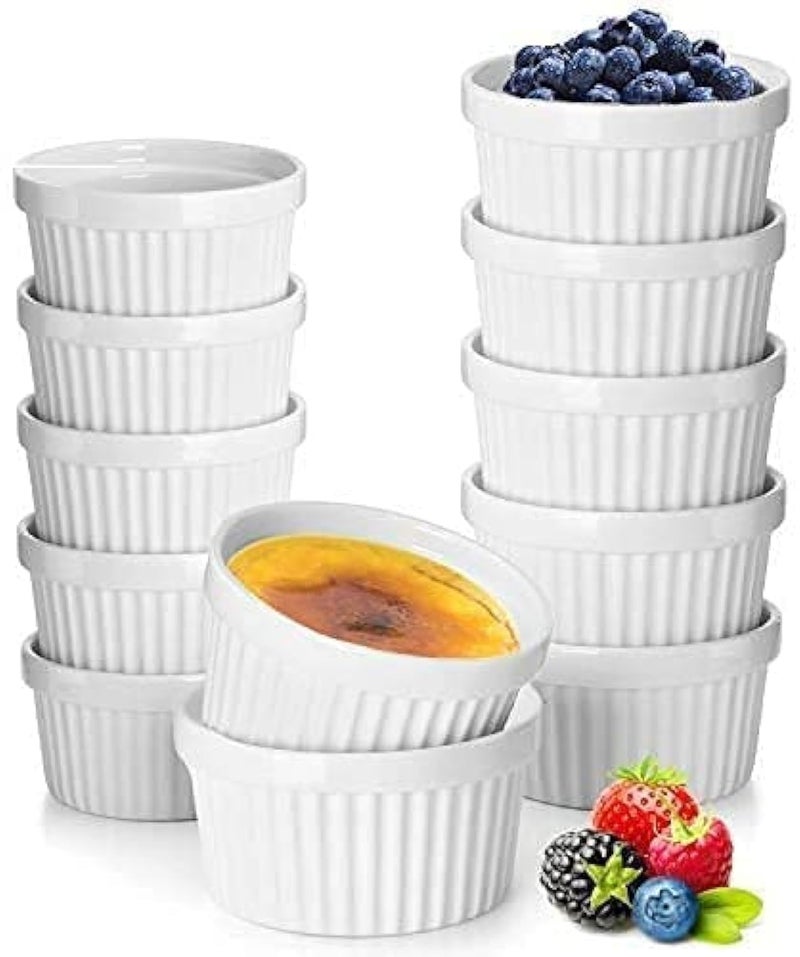 DeeCoo 12 Pack Porcelain Souffle Dish Ramekins Baking Cups – 6 oz x 6, 8 oz x 6 -Oven Safe White Ramekins Bakeware Set for Pudding, Creme Brulee, Custard Cups and Souffle Small instant table tray - Image 1