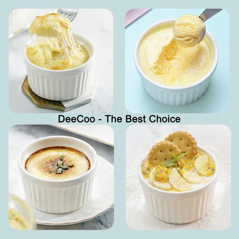 DeeCoo 12 Pack Porcelain Souffle Dish Ramekins Baking Cups – 6 oz x 6, 8 oz x 6 -Oven Safe White Ramekins Bakeware Set for Pudding, Creme Brulee, Custard Cups and Souffle Small instant table tray - Image 4