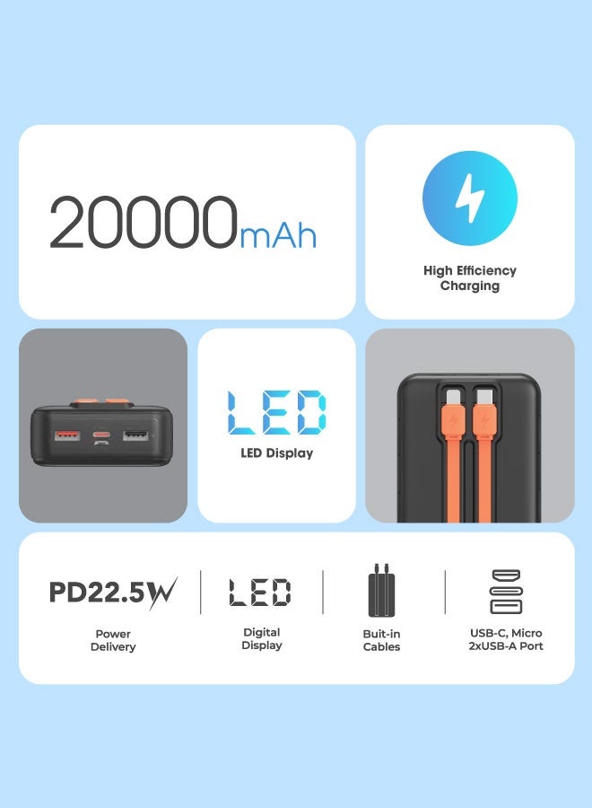 blupebble بانك طاقة LinkPod Dash 20000mAh مع كابلات شحن مدمجة – شاحن محمول سريع الشحن 22.5W، بانك طاقة USB-C PD، شاشة LED رقمية، حزمة بطارية متعددة المنافذ USB-A + USB-C للسفر لهواتف iPhone وSamsung وأجهزة Android - Image 4