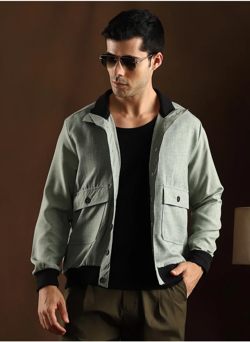 Campus Sutra Campus Sutra Men's Sage Green Tactile-Utility Bomber Jacket For Casual Wear | High Collar | Long Regular Sleeves | Button Closure | Jacket Crafted With Comfort Fit For Everyday Wear