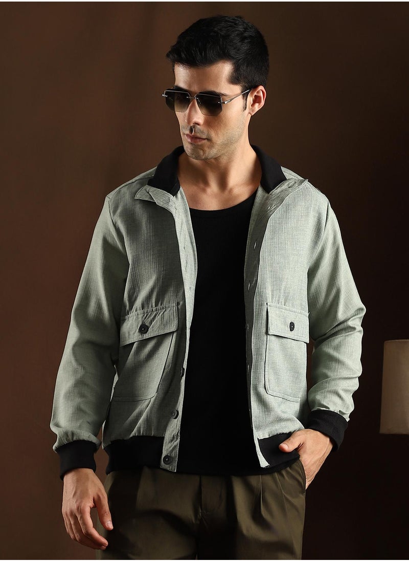 Campus Sutra Campus Sutra Men's Sage Green Tactile-Utility Bomber Jacket For Casual Wear | High Collar | Long Regular Sleeves | Button Closure | Jacket Crafted With Comfort Fit For Everyday Wear  - Image 1