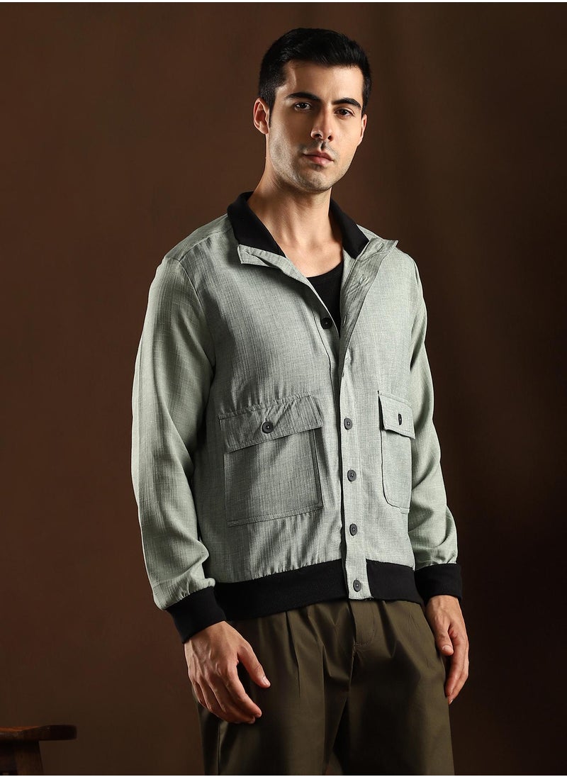 Campus Sutra Campus Sutra Men's Sage Green Tactile-Utility Bomber Jacket For Casual Wear | High Collar | Long Regular Sleeves | Button Closure | Jacket Crafted With Comfort Fit For Everyday Wear  - Image 3