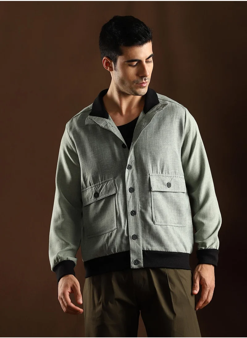 Campus Sutra Campus Sutra Men's Sage Green Tactile-Utility Bomber Jacket For Casual Wear | High Collar | Long Regular Sleeves | Button Closure | Jacket Crafted With Comfort Fit For Everyday Wear