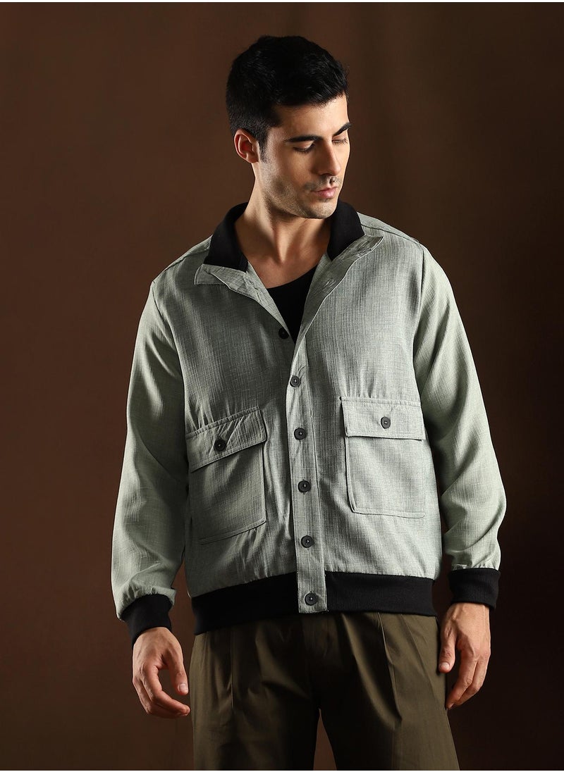 Campus Sutra Campus Sutra Men's Sage Green Tactile-Utility Bomber Jacket For Casual Wear | High Collar | Long Regular Sleeves | Button Closure | Jacket Crafted With Comfort Fit For Everyday Wear  - Image 2