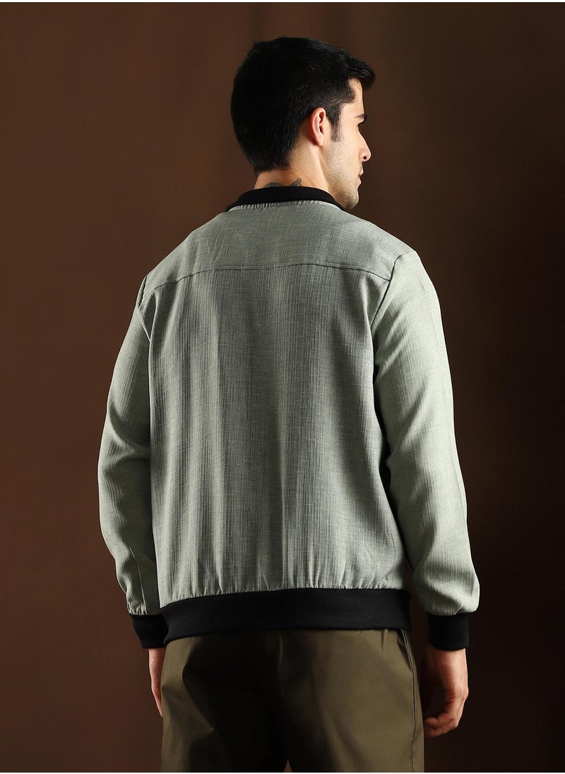 Campus Sutra Campus Sutra Men's Sage Green Tactile-Utility Bomber Jacket For Casual Wear | High Collar | Long Regular Sleeves | Button Closure | Jacket Crafted With Comfort Fit For Everyday Wear  - Image 5